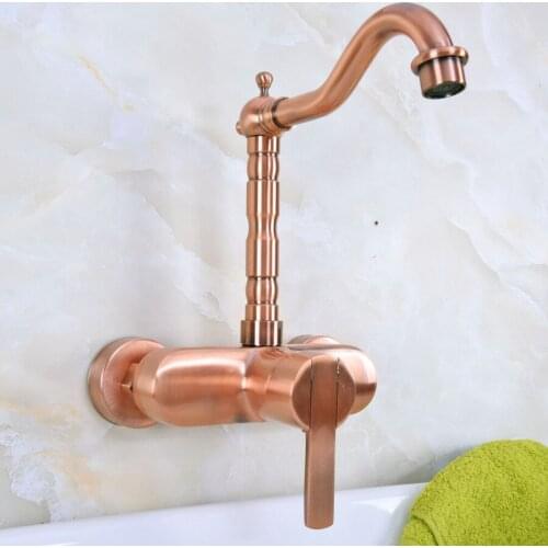 Antique Red Copper Brass Wall Mounted Bathroom Kitchen Sink Faucet Swivel Spout Mixer Tap Single Handle Lever anf936