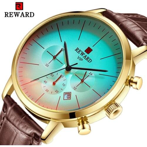 REWARD Gradient Men Watches Brown Leather Strap Luxury Golden Case Top Brand Calendar Display Waterproof Casual Quartz Watch