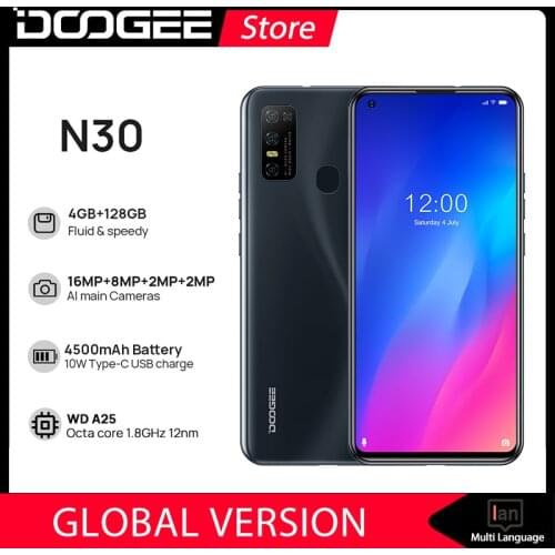DOOGEE N30 Cellphone Full Netcom 6.55"inch Mobile Smart Phone Quad Camera 128GB ROM Octa Core 4500mAh Global Version Android 10