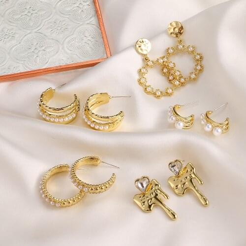 FNIO Elegant Metal Inlaid Pearl Earrings For Woman Fashion Jewelry 2021 New Luxury Wedding Party Girls Unusual Earrings