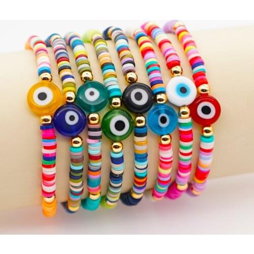 GO2BOHO Turkish Evil Eye Bracelet Femme Greek Eye Bracelets For Women Polymer Clay Heishi Disc Beads Pulseras Boho Bijoux