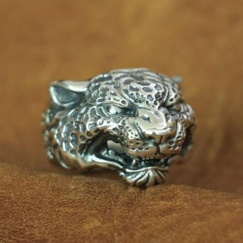 LINSION 925 Sterling Silver Details Leopard Panther Ring Mens Biker Ring TA151 US Size 7~15