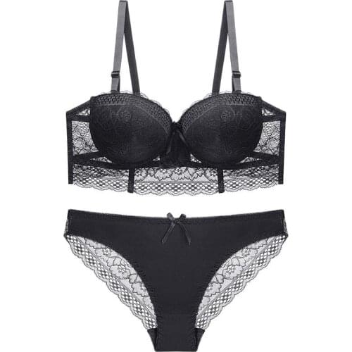 Sexy Lingerie Set Women Lace Hollow Out Push Up Bra Set Three Quarters B C Cup Lingerie Underwire Underwear And Briefs Set