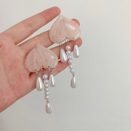 Sweet Pink Color Love Heart Long Tassel Earrings for Women Girls Waterdrop Pearls Hanging Dangle Earrings Cute Jewelry