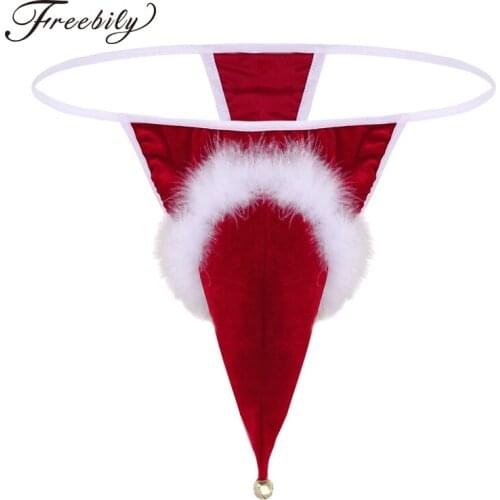 Mens Sexy Lingerie Panties Velvet Santa Hat Christmas Holiday Fancy Cosplay G-string Thong Underwear with Small Bell