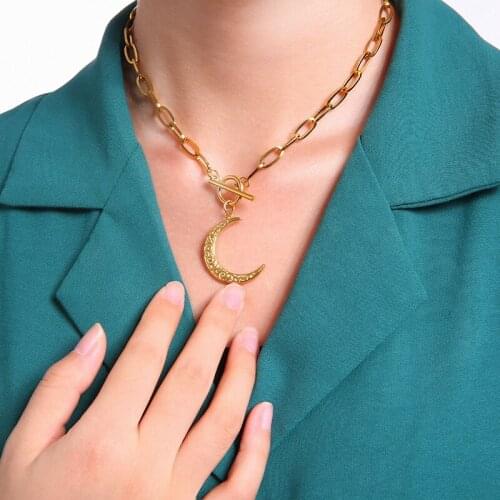 Half Moon Crescent Necklace Stainless Steel Toggle Necklaces For Women Gold/Silver Metal Luna Choker Heavy Duty Chain Collier