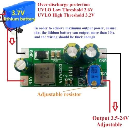 DD03AJTA 30W 6A DC 2.7-5.5V to 3.5-24V DC-DC Boost Converter Step-Up Boost Converter Board for 18650 Lithium Battery