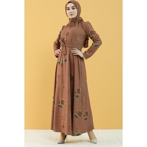 Minahill Floral Pattern Belted Dress 5233-05 Tobacco 5233-05