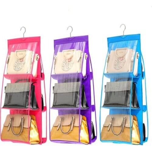 6 Pocket Hanging Handbag Organizer for Wardrobe Closet Transparent Storage Bag Door Wall Clear Sundry Shoe Bag with Hanger Pouch