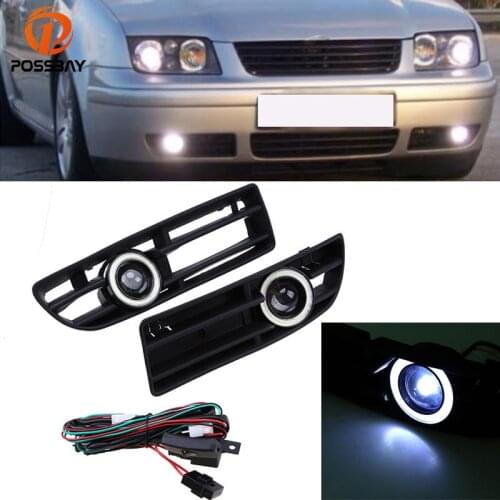 POSSBAY Car Angle Eye Fog Lights White LED Daytime Running Lights for VW Bora MK4/A4 Typ 1J 1999-2004 Foglamp Hood With Lens