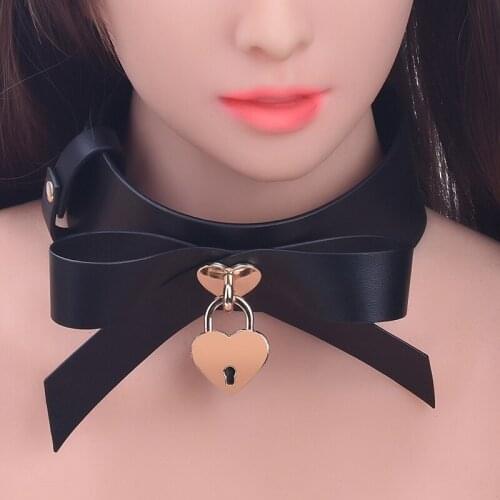 BDSM Bondage Erotic Collar PU Leather Neck Restraint with Metal Lock Punk Style Necklace Chain Adult Game Role Play Products