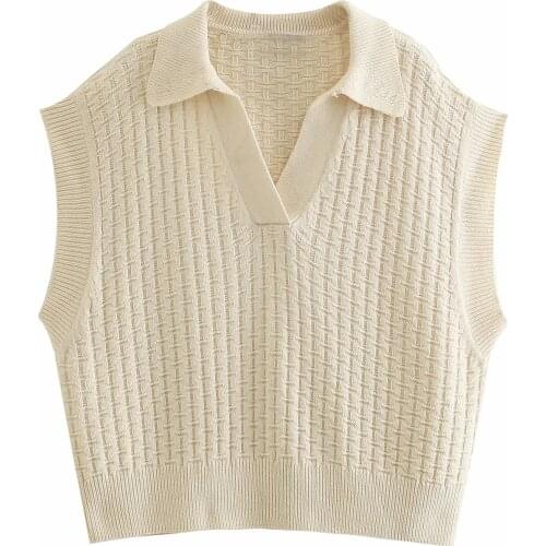 ZA Women 2021 Chic Fashion Knitted Vest Sweater Vintage Sleeveless Female Loose Lapel Vest Waistcoat Chic Tops Xitimeao