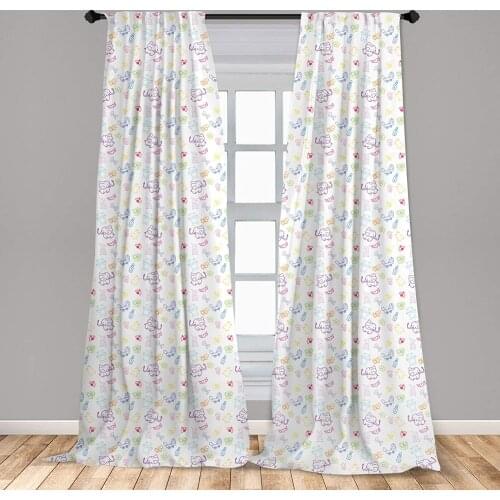 Nursery Curtain for Kids Room Cartoon Drawing Style Baby Elephants Teddy Bears Flowers Butterflies Bees Window Drapes