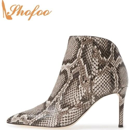 Snakeskin Embossed Woman Pointed Toe Booties Ankle Boots Zipper High Thin Heels Large Size 10 14 Ladies Fashion Shoes Shofoo