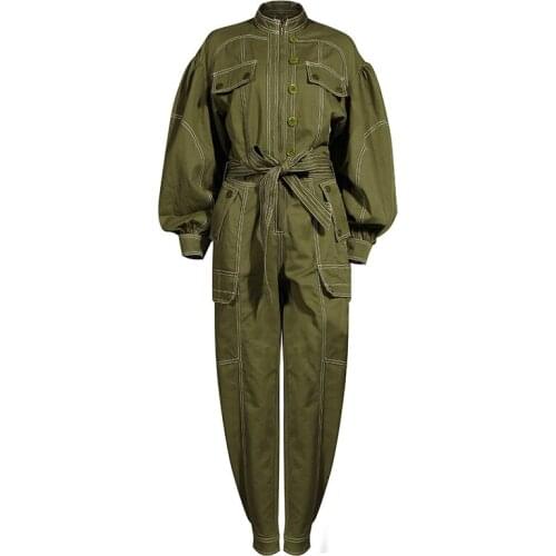 Women Safari Style Jumpsuits Autumn Spring High Waist Sashes Tunic Jumpsuits Rompers