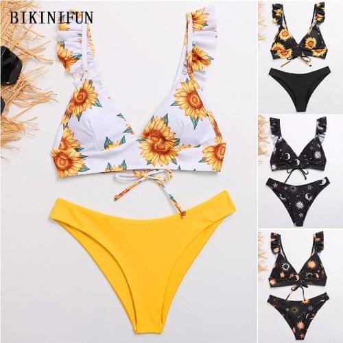 2020 New Sexy Sunflower Print Swimsuit Women Wide Straps Swimwear Ruffled Beachwear S-XL Girl Backless Bathing Suit Bikini Set