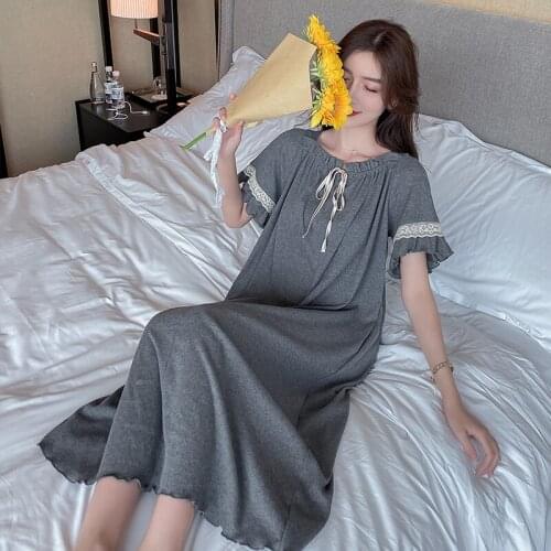 2021 Summer Cotton Short Sleeve Loose Nightgowns for Women Korean Fashion Bow Long Dress Sleepwear Night Dress Nightdress Nighty