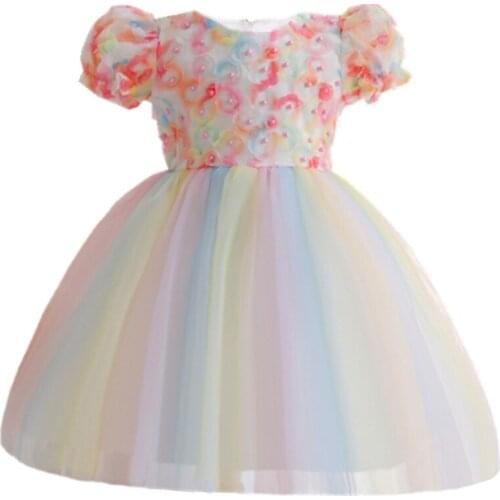 2021 New Baby Girls Puff Sleeve Tulle Princess Dress 3D Flower Beading Party Ball Gown