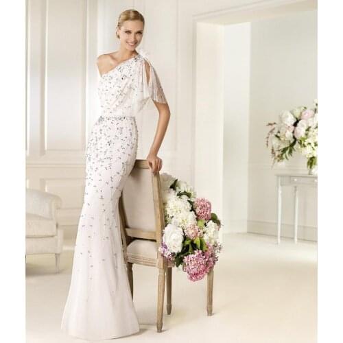 Free shipping 2016 New High Quality Full Beaded evening Dress Prom Gown Tasseled One Shoulder Strap