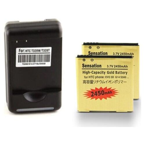 Ciszean 2x 2450mah Gold Replacement Battery + Charger For HTC Sensation G14 Sensation 4G EVO 3D G17 G18 Z710E Sensation XE XL
