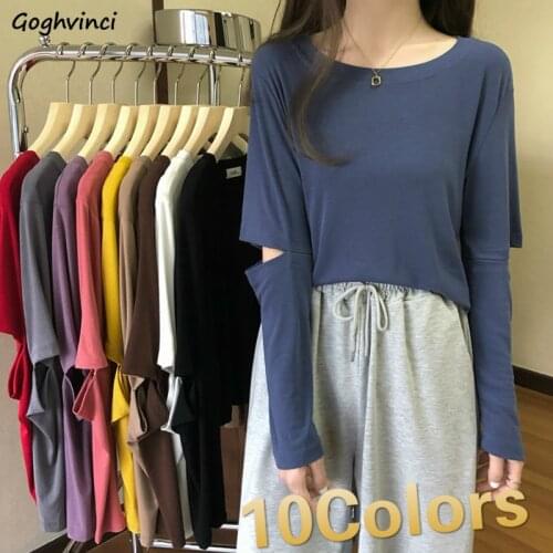 Long Sleeve T-shirts Solid Streetwear New Autumn Korean Style Loose Leisure Fashion Chic All-match Elegant Vintage Femme Plain