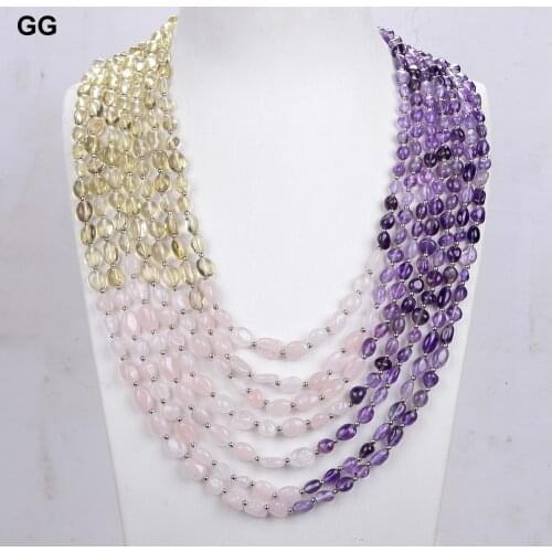 GG Jewelry Natural 7 Rows Amethysts Rose Quartzs Lemon Quartzs Freeform Necklace 18" Ethnic Style For Women