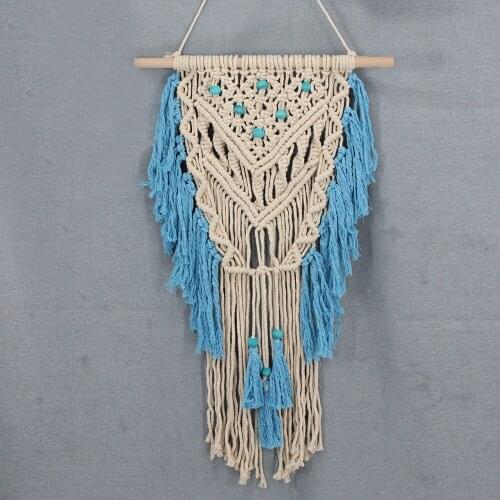 1pcs Beige Blue Splice Macrame Tapestry Wall Hanging Bohemian Chic Geometric Art Handicrafts Woven Tapestry Tassel Decoration