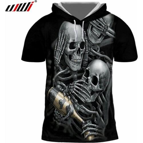 UJWI Summer Top Men Tshirts With Hood Print Skeleton Skull Champagne 3D T-shirt Homme Hip Hop Short Sleeve Hooded Hoody Shirts