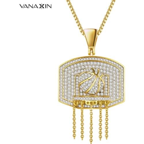 VANAXIN Fashion Basketball Pendant Gold Men Necklace Sports Hip Hop Pendant Jewelry CZ Punk Accessories Gift