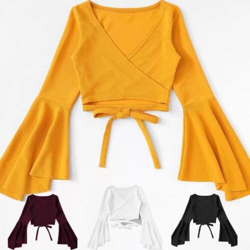 Womens T-Shirt White Yellow Bandage Crop Top 2021 T Shirt Women Femme Casual Flare Long Sleeve Sexy Camiseta Mujer Black Top