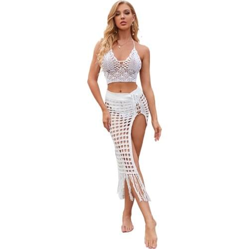 Women Summer Solid Color Skirt, Hollow Out High Waist Beachwear Skirt with Tassel Decoration women boho clothing tulle skirt