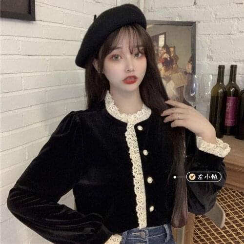 Women Shirt Blouse New Top Lace Stitching Velvet Shirt Blusas Mujer De Moda