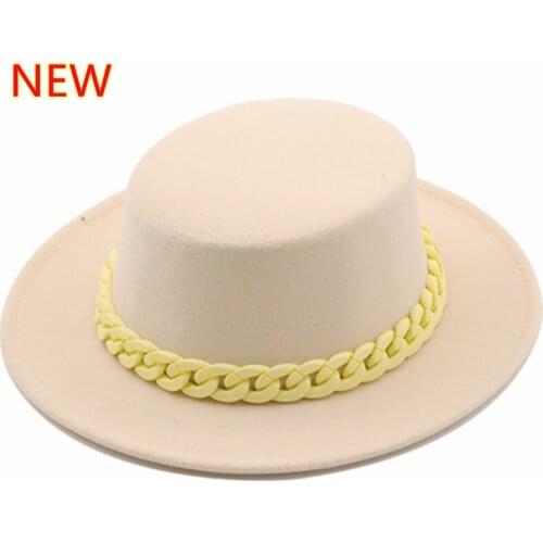 Womens retro black top hat fedora hat jazz hat autumn winter color fashion trendy chain flat top hat casual fashion all-match