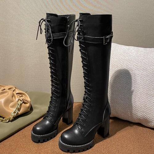 SKLFGXZY 2021 Genuine Leather Shoelaces Plus Size 34-42 Platform Womens Boots Women Shoes High Heels Woman Shoes Boots WESTERN