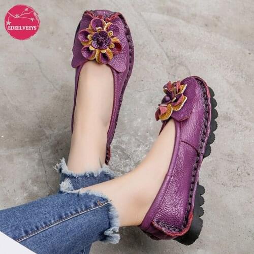 Women Shoes Casual Slip On Driving Loafers Vingtage Foral Appliques Handmade Comfortable Genuine Leather Outdoor Walking Flats