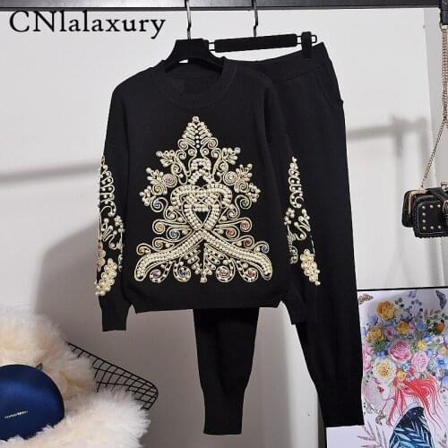 Biker Set Female Beading Emboidery Long sleeve Sweater Knit Pants 2 piece set Women Autumn Trousers Knitwear Ladies Tracksuits