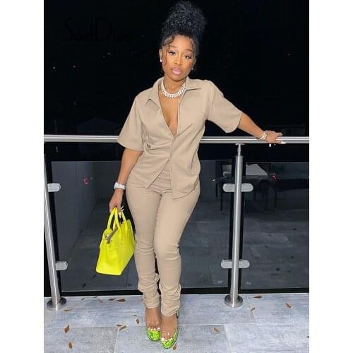 Soefdioo V-Neck Short Sleeve Single Breasted Tops and Pants Two Piece Set Women Fashion Streetwear Fall 2021 Fitness Tracksuits