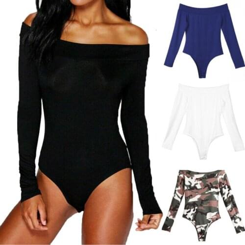 Women Ladies Off Shoulder Long Sleeve Bodysuit Leotard Top Plain Stretch One-Piece Suit