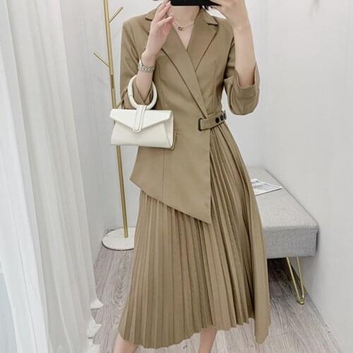 2019 Autumn New Runway Women Fashion Notched Stitching Side buckle Pleated Hem Mid Calf Dress Elegant OL Work Wear Suits Dress