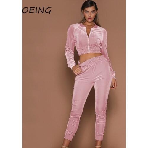 Winter Women Two Piece Outfits Sets Velvet Zip Up Crop Tops and Sweat Pants Fitness Jogging Suits