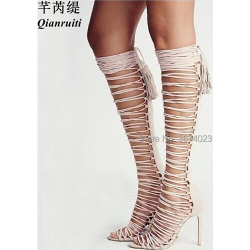 Qianruiti Design Shoes Summer Lace Up Sandal boots Gladiator Cross Tied Knee Heels Beige Black Sandals Bohemia Long Boots Sandal