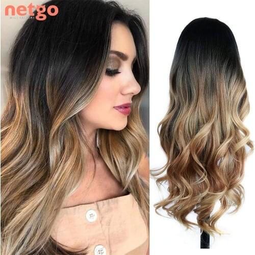 Netgo Long Wavy Black Brown Synthetic Wig Heat Resistant Ombre Blonde Middle Part Wig For Women Party Cosplay Daily Wear