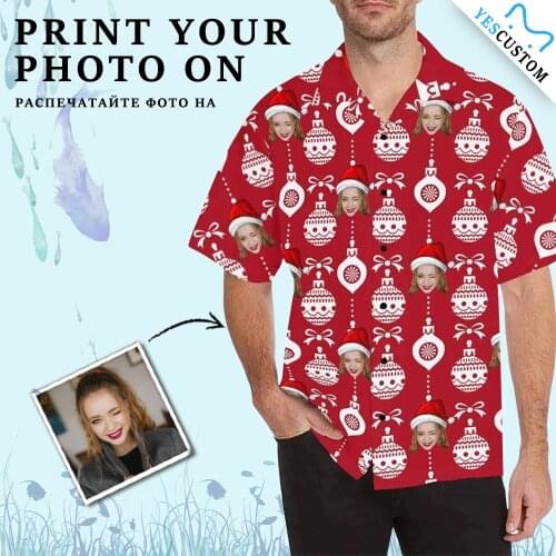 YesCustom T-Shirt Christmas Ball Logo Red Custom Face Cardigan Casual Beach All Over Print Oversize Party Hawaiian Shirt Tops