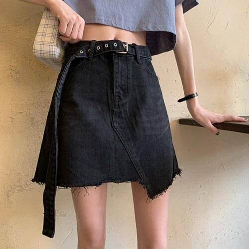 JMPRS Black Women Denim Skirt Fashion Belt Irregular Summer Jeans Mini Skirt Korean High Waist Cotton Streetwear Girls Skirts