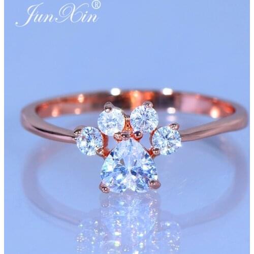 JUNXIN Cute Animal Dog Cat Bear Footprint Ring Rose Gold White Crystal Heart Paw Rings For Women Wedding Thin Ring Girls Jewelry