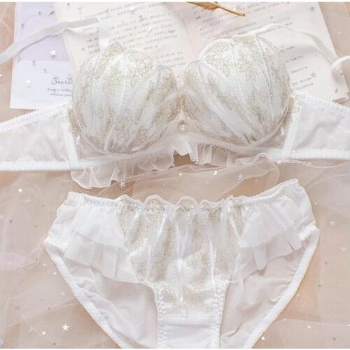 Japanese Cute Lingerie Kawaii Lace Fox Gathered Bra and Panty Set Underwear Women Push Up Ddlg Lingerie Femme Plus Size White