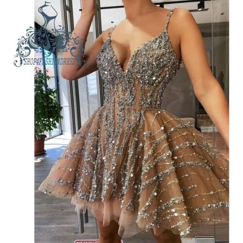 Champagne Sexy V Neck Tulle Short Cocktail Dress Luxury Crystals Beaded A-line Party Gowns Pretty Homecoming Dresses Vestidos