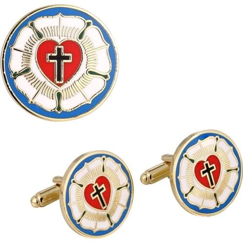 LUTHER ROSE SEAL LUTHERAN CHURCH SYMBOL CROSS HARD ENAMEL ART LAPEL PIN and CUFF LINKS SET