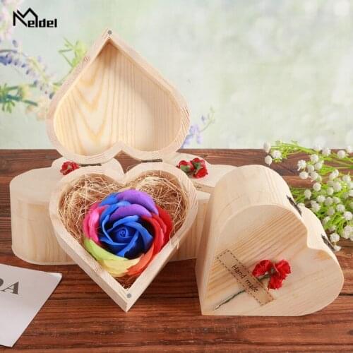 Meldel Soap Rose Head in Box Scented Petal Rose Flowers in Wooden Box Wedding Decoration Valentine Festival Gift Rose Heart Box