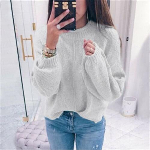 Fashion Autumn and Winter Knitted O-neck Sweater Solid Color Womens Lantern Sleeve Sweater Loose Casual Ladies All-match Blouse